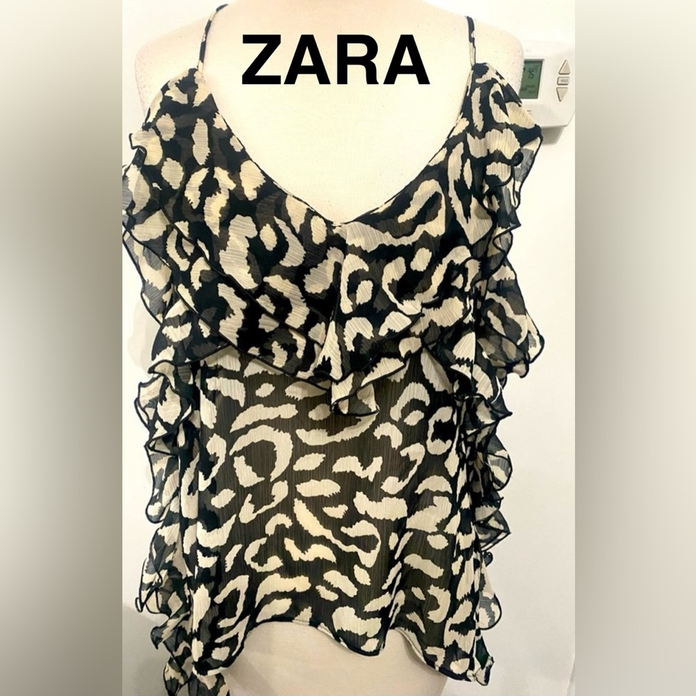 ZARA Black/Cream Print Ruffle Camisole Top - Size L - NEW